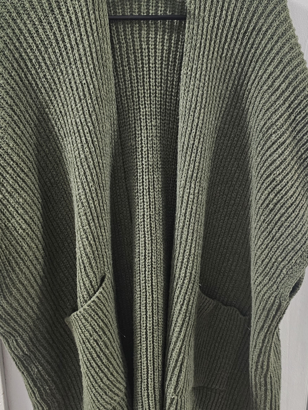 Open-Front Olive Ribbed Cardigan with Pockets